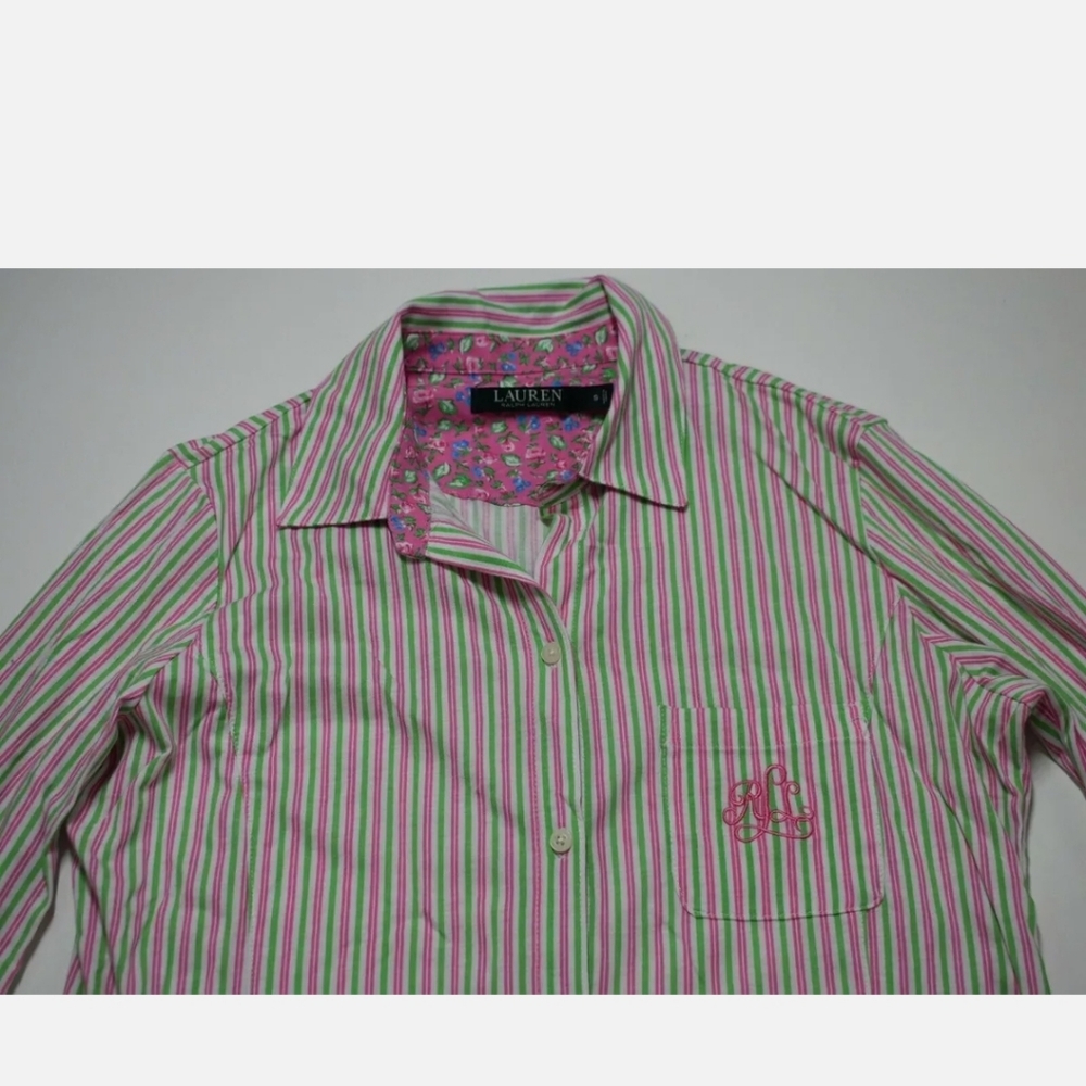 Lauren Ralph Lauren Pajama Womens Size L Pink Green Striped Gown Long Sleeve - Picture 10 of 13